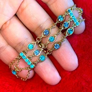 Pretty Blue Jeweled Pave Delicate Goldtone Statement  Chain Bracelet